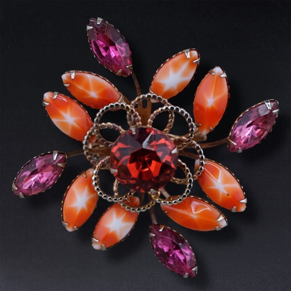 Vintage Atomic Starburst Brooch Orange Pink Rhinestone 2 in MCM Retro Statement